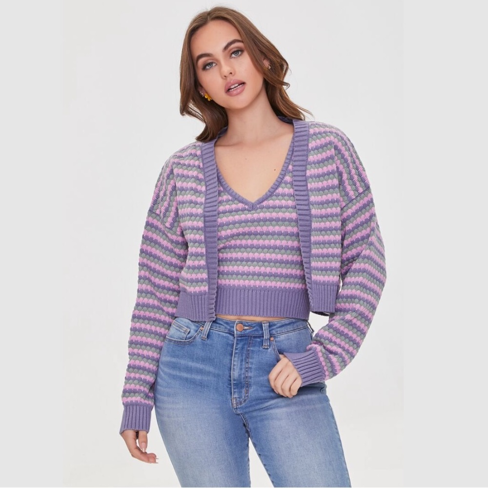 Forever 21 Striped Cardigan Sweater Cropped Large